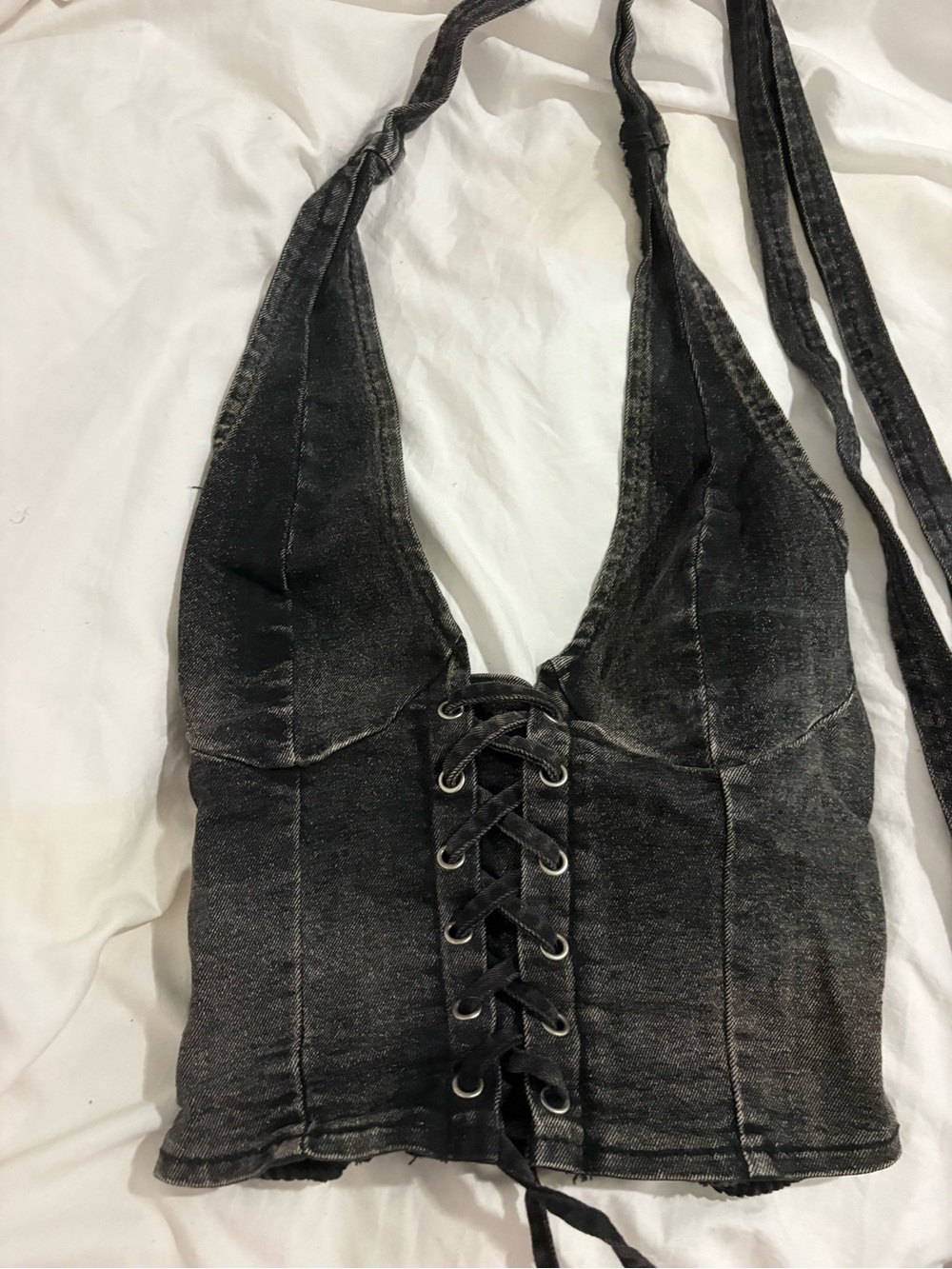 Lace-Up Washed Black Halter Crop Top